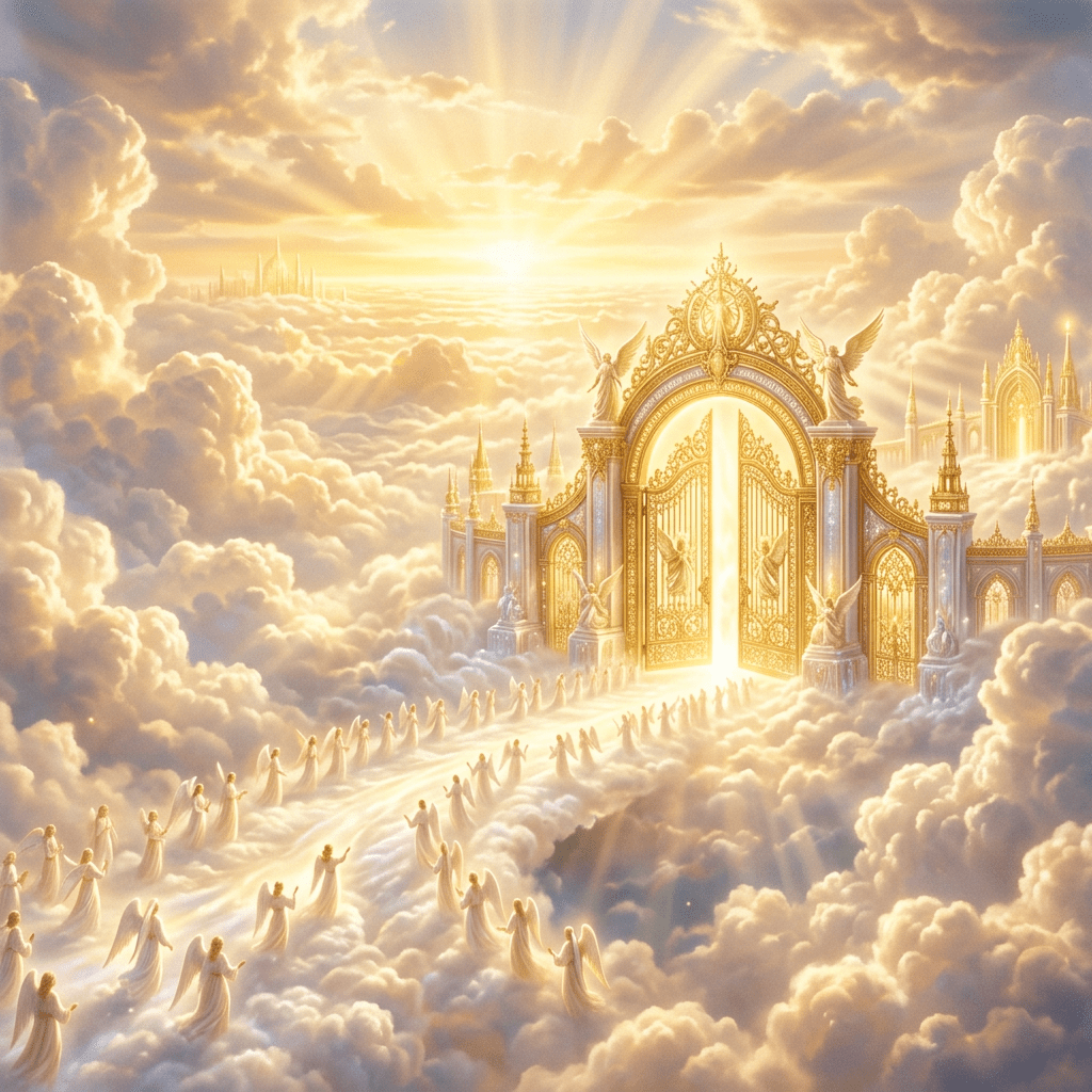 Angels walking on clouds approaching glowing ornate golden gates