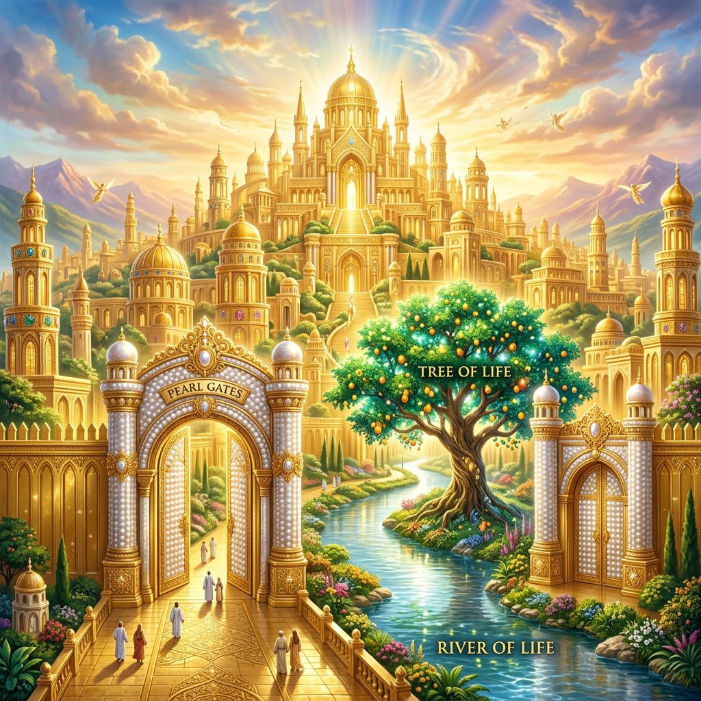 Golden gates labeled 'Pearl Gates' leading to a glowing golden city with a Tree of Life and River of Life nearby